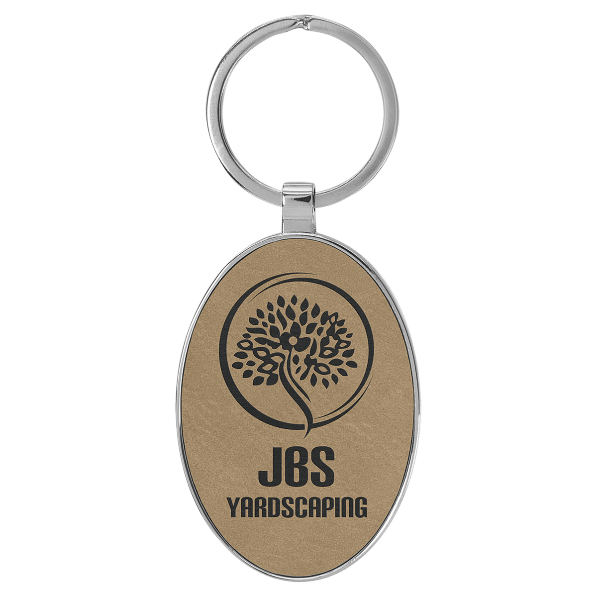 3" x 1 3/4" Laserable Leatherette/Metal Oval Keychain - Light Brown