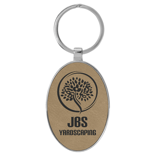 3" x 1 3/4" Laserable Leatherette/Metal Oval Keychain - Light Brown