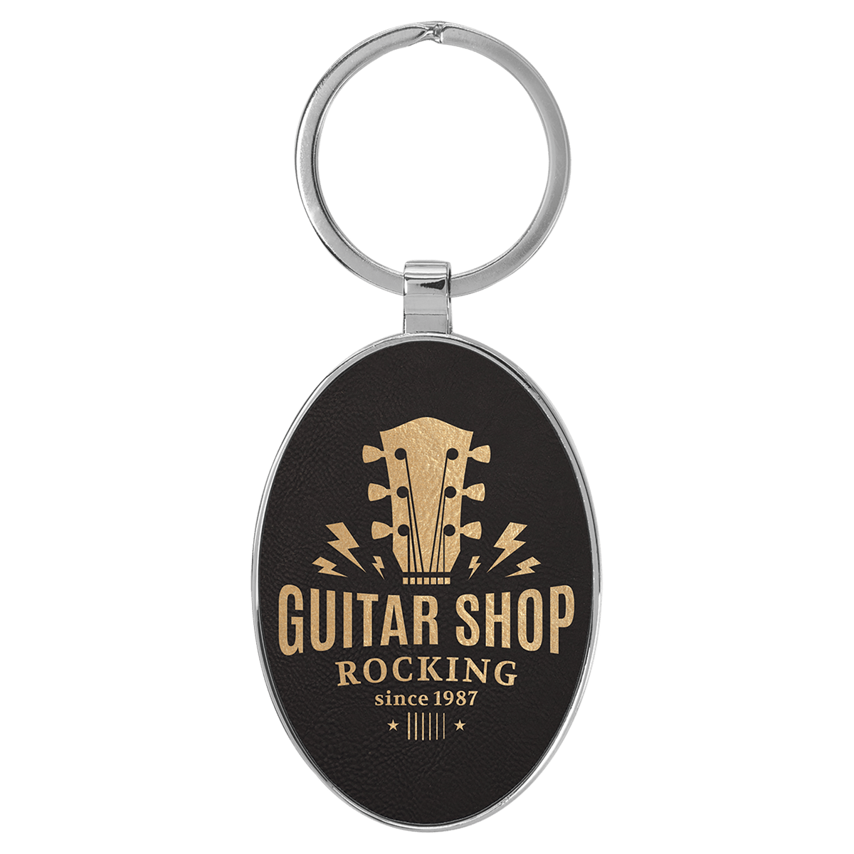 3" x 1 3/4" Laserable Leatherette/Metal Oval Keychain - Black/Gold