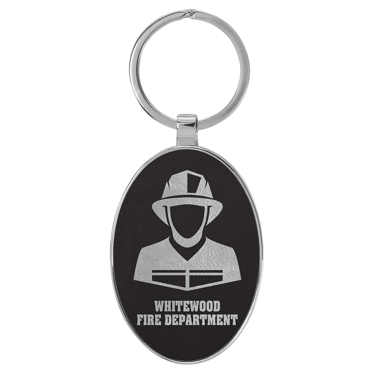 3" x 1 3/4" Laserable Leatherette/Metal Oval Keychain - Black/Silver