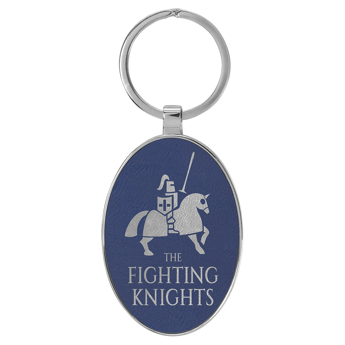 3" x 1 3/4" Laserable Leatherette/Metal Oval Keychain - Blue/Silver