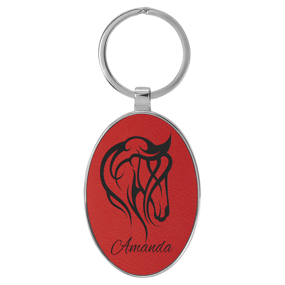3" x 1 3/4" Laserable Leatherette/Metal Oval Keychain - Red