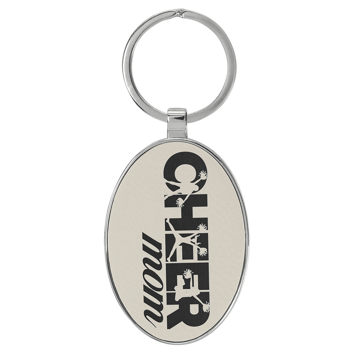 3" x 1 3/4" Laserable Leatherette/Metal Oval Keychain - White/Black