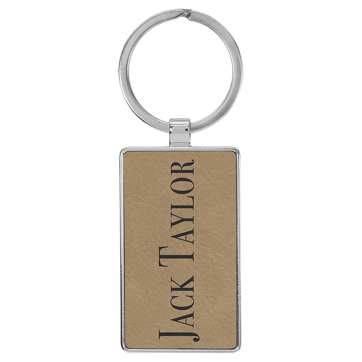 2 3/4" x 1 1/4" Laserable Leatherette/Metal Rectangle Keychain - Light Brown