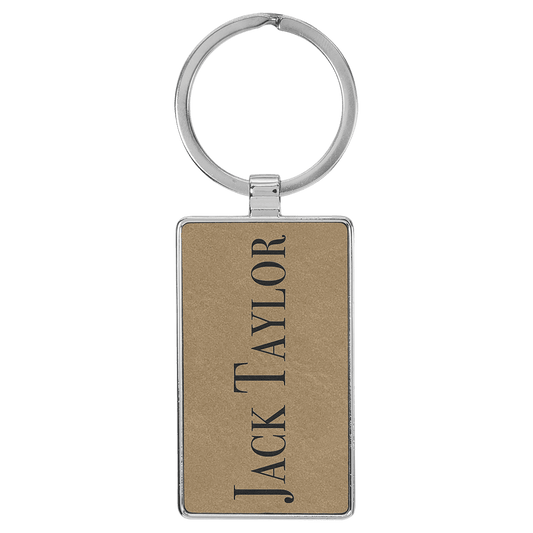 2 3/4" x 1 1/4" Laserable Leatherette/Metal Rectangle Keychain - Light Brown
