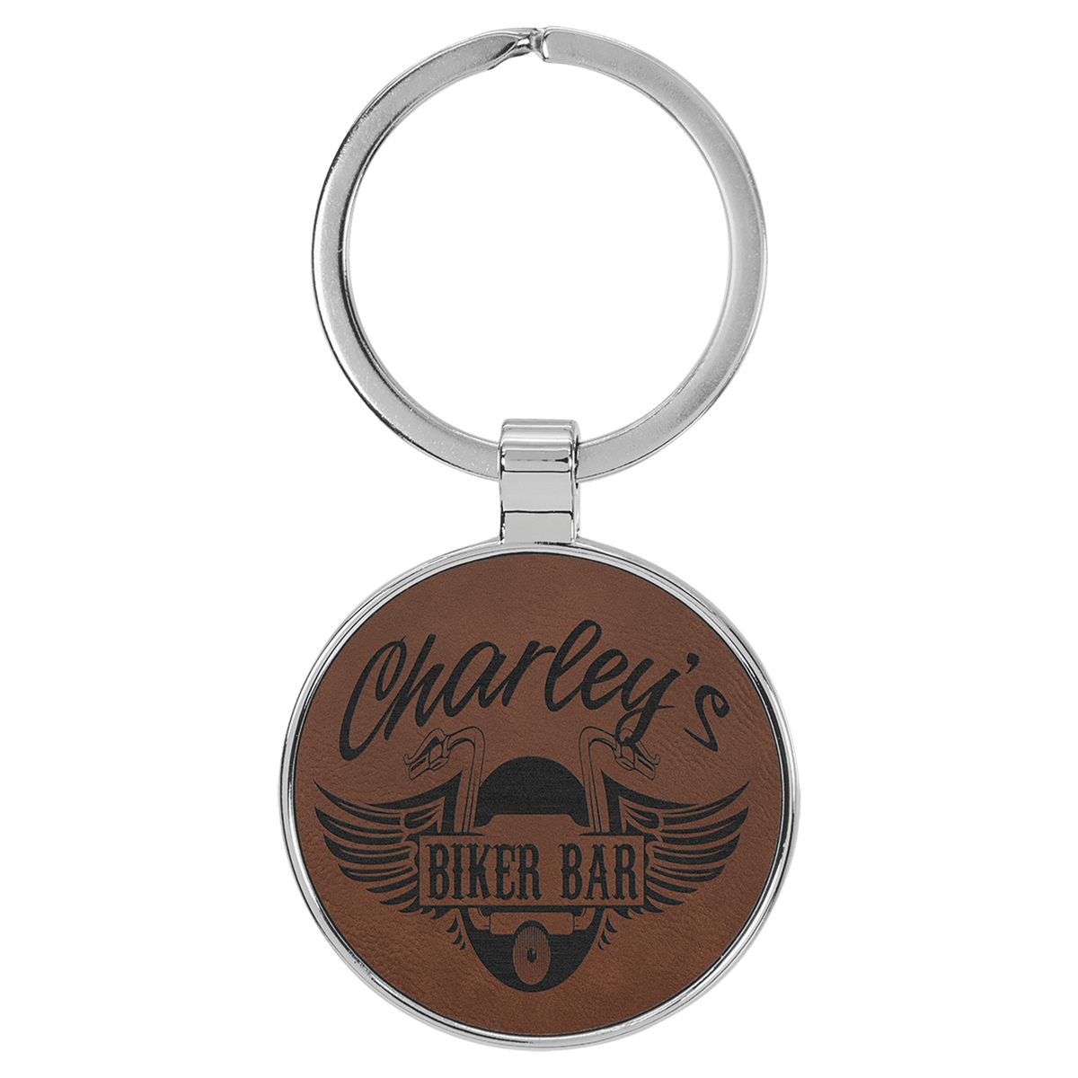 1 1/2" Laserable Leatherette/Metal Round Keychain - Dark Brown