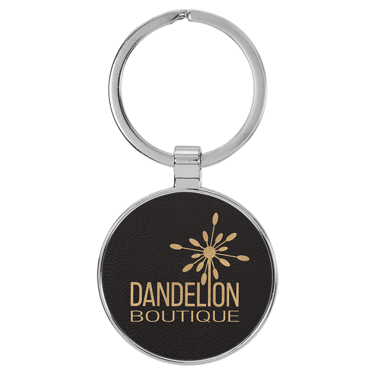 1 1/2" Laserable Leatherette/Metal Round Keychain - Black/Gold