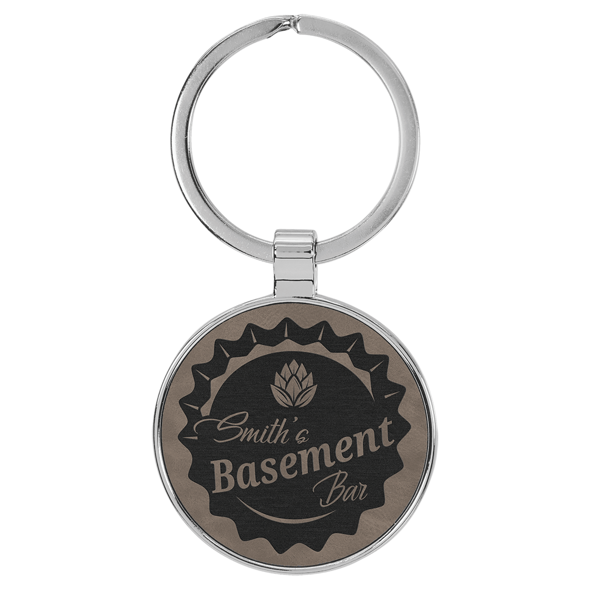 1 1/2" Laserable Leatherette/Metal Round Keychain - Gray