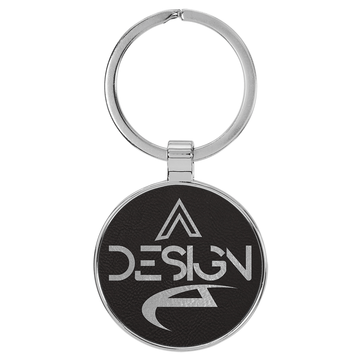 1 1/2" Laserable Leatherette/Metal Round Keychain - Black/Silver