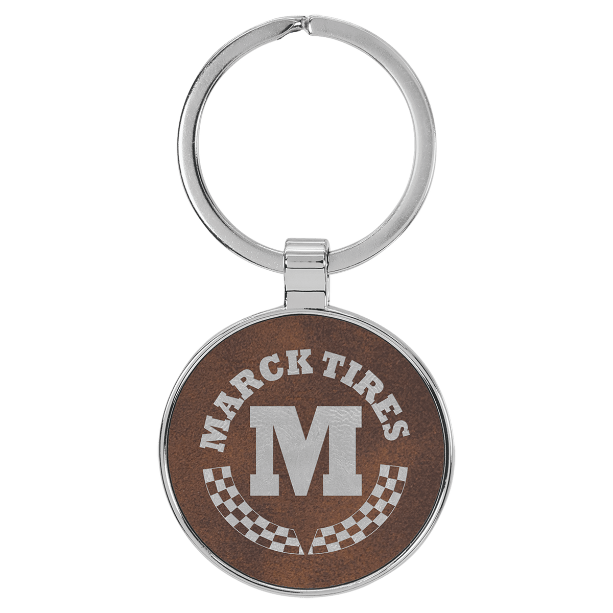 1 1/2" Laserable Leatherette/Metal Round Keychain - Rustic/Silver