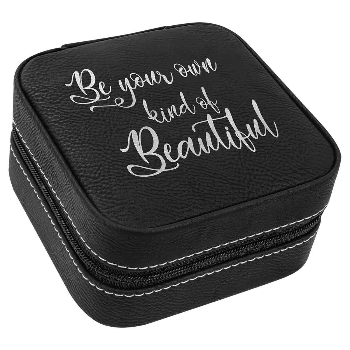 4" X 4" Laserable Leatherette Travel Jewelry Box with Tan Lining - Black/Silver