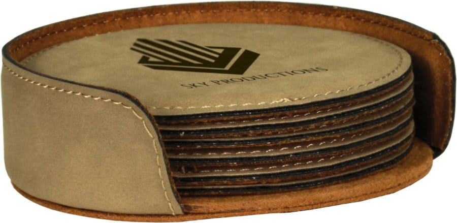 4" Light Brown Laserable Leatherette 6-Coaster Set