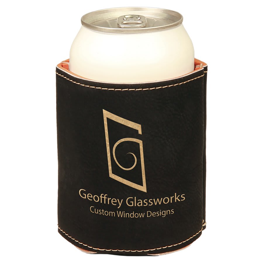 Black/Gold 3 3/4" Laserable Leatherette Beverage Holder