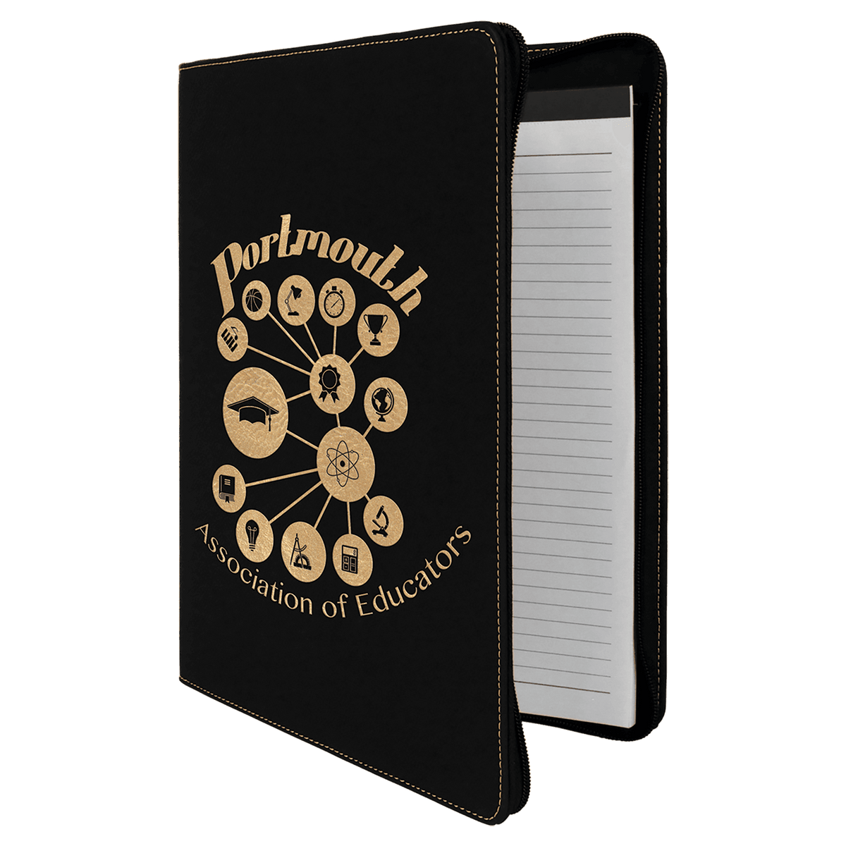 9 1/2" x 12" with Zipper Laserable Leatherette Portfolio with Notepad - Black/Gold