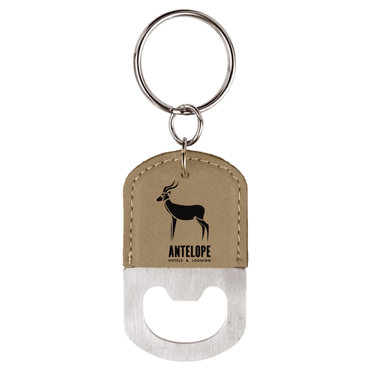 Light Brown Oval Laserable Leatherette Bottle Opener Keychain