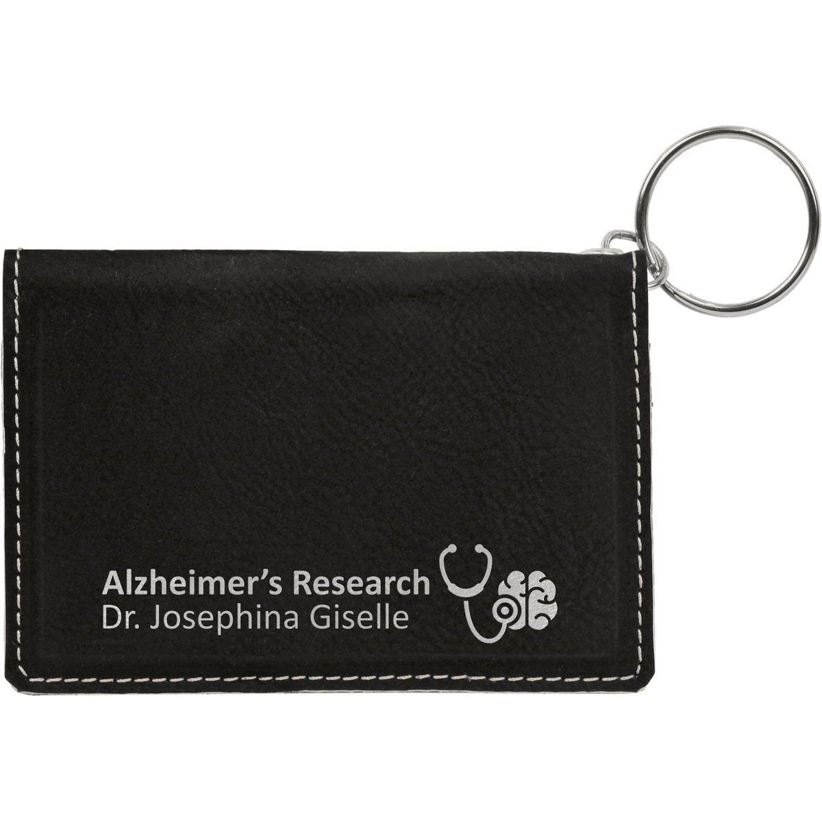 4 1/4" x 3" Laserable Leatherette Keychain ID Holder - Black/Silver