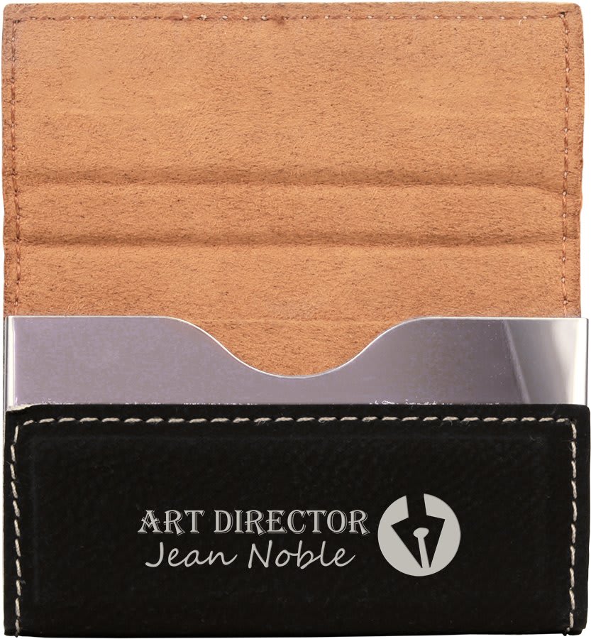 3 3/4" x 2 3/4" Laserable Leatherette Hard Business Card Holder - Black/Silver
