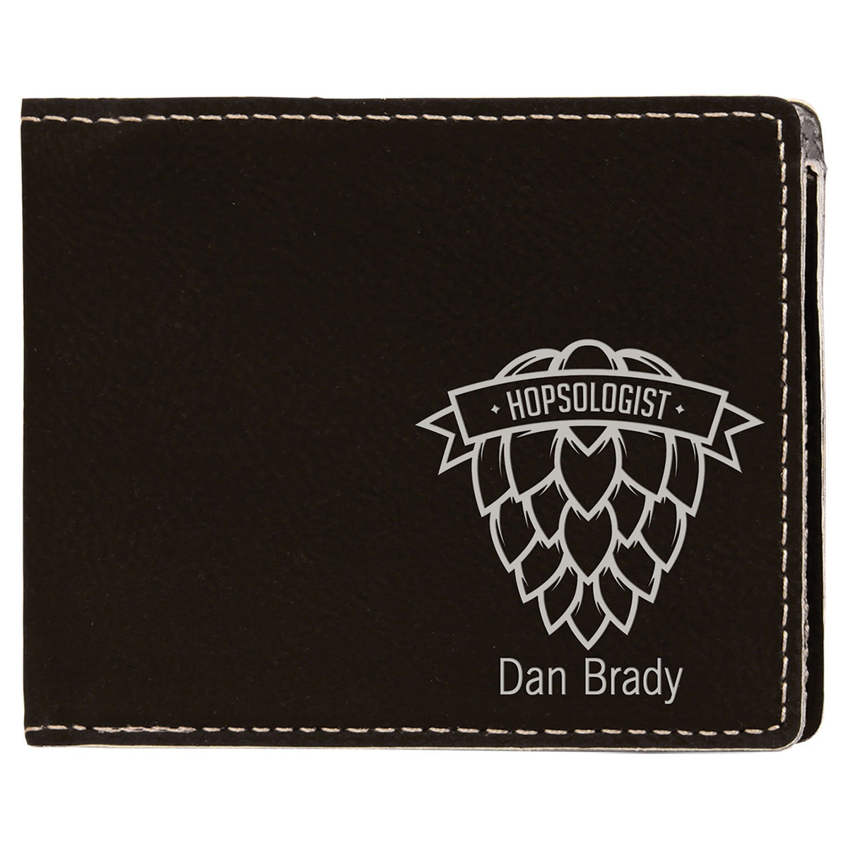 4 1/2" x 3 1/2" Laserable Leatherette Bifold Wallet - Black/Silver