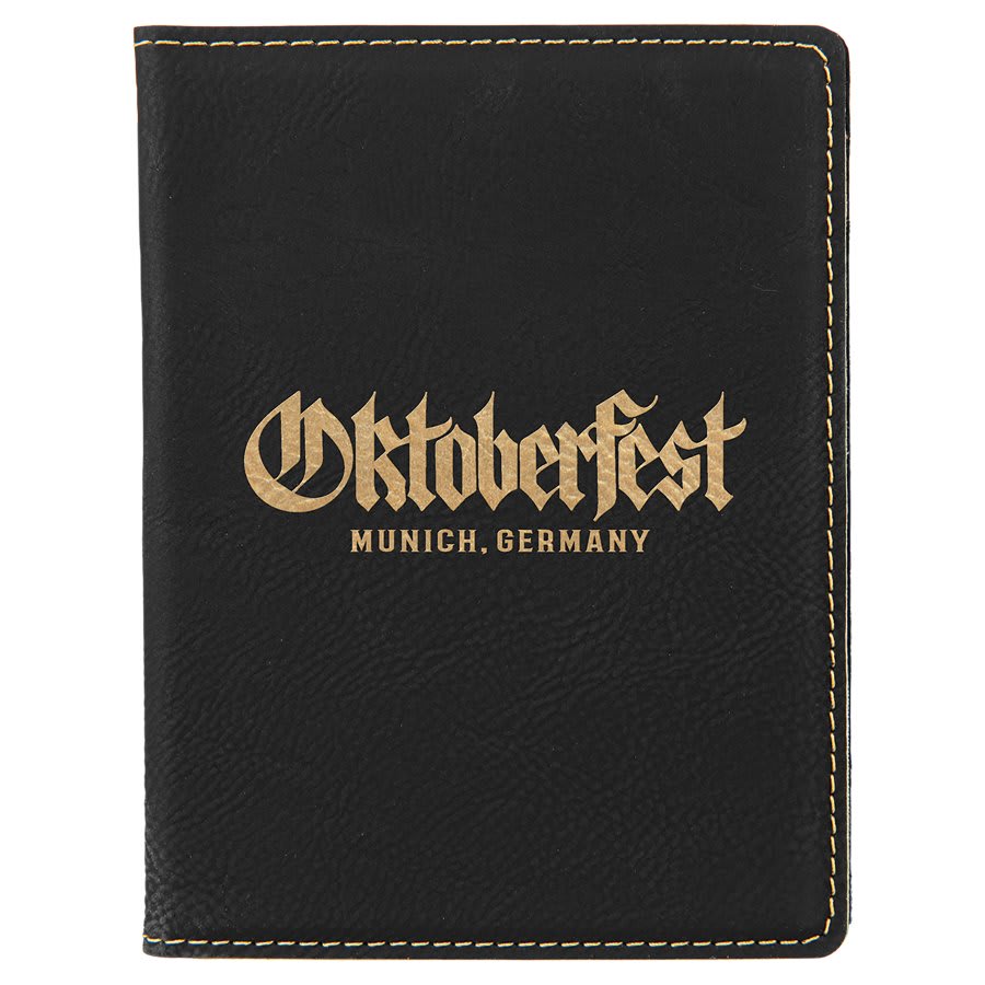 4 1/4" x 5 1/2" Laserable Leatherette Passport Holder - Black/Gold