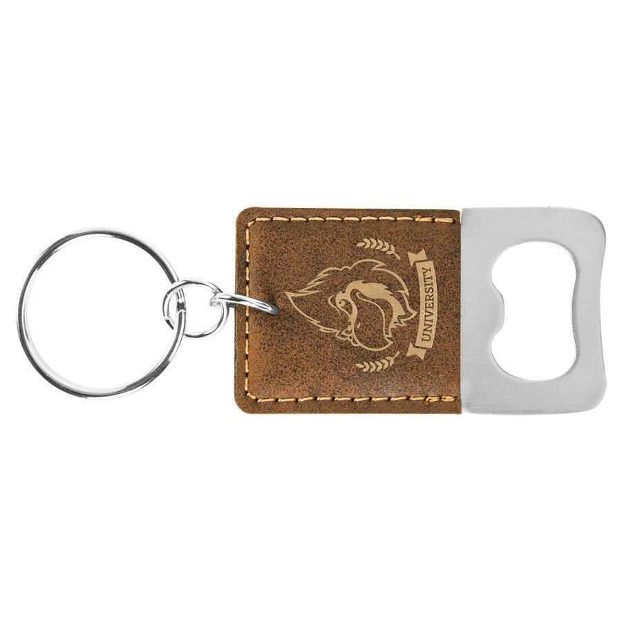 Rustic/Gold Rectangle Laserable Leatherette Bottle Opener Keychain