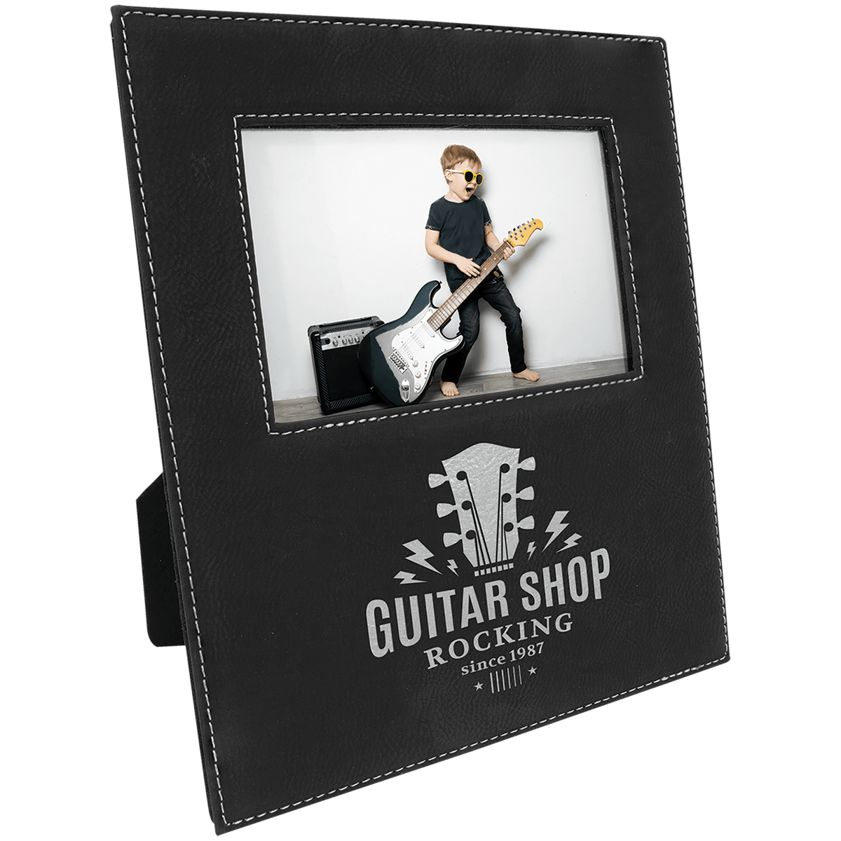 4" x 6" Leatherette Photo Frame with 4 1/4" x 7 7/8" Engraving Area - Black/Silver