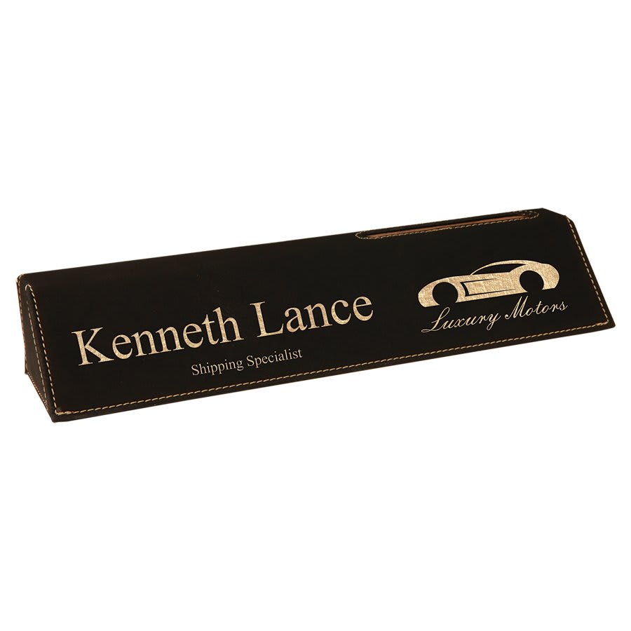 10 1/2" Laserable Leatherette Desk Wedge with Business Card Holder - Black/Gold