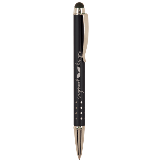 Laserable Pen with Silver Trim with Stylus - Black