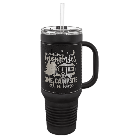 Black Black Silver Polar Camel 40 oz. Laserable Leatherette Travel Mug with a Handle & Straw