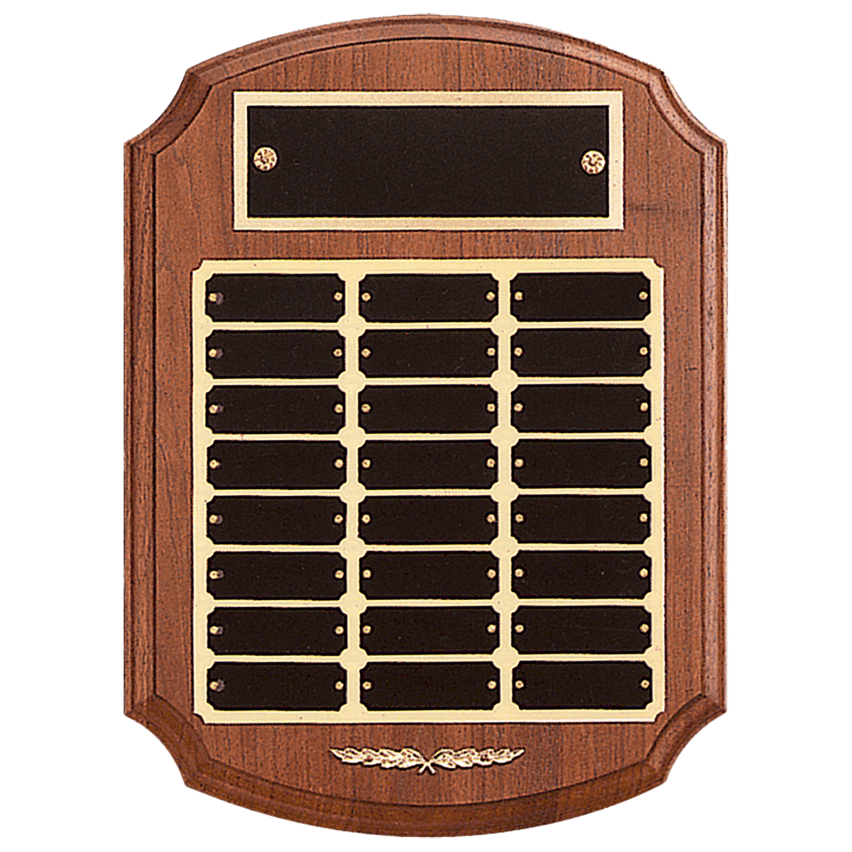 11" x 15" American Walnut 24 Plate Perpetual Plaque with Black Laserable Brass Plates/Gold Trim