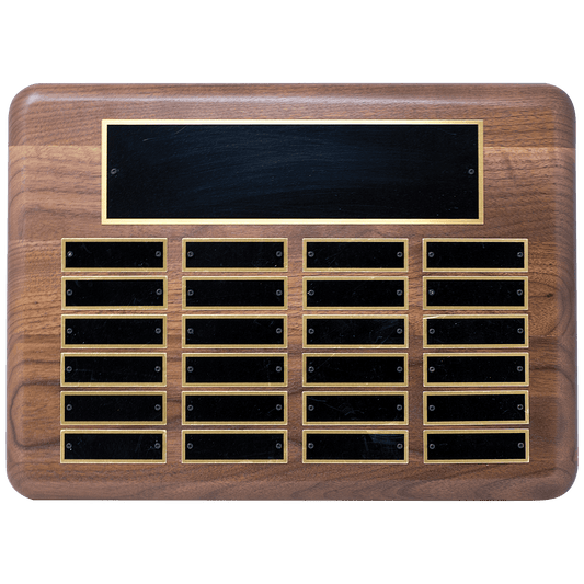 11" x 15" American Walnut 24 Plate Perpetual Plaque with Black Brass Plated Steel Plates