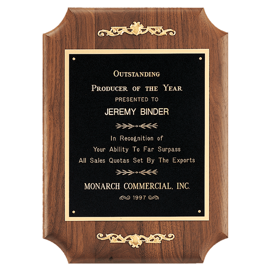 11" x 15" American Walnut Scalloped Corner Plaque with Decorative Gold Scrolls and Gold Border Black Laser Engravable Plate