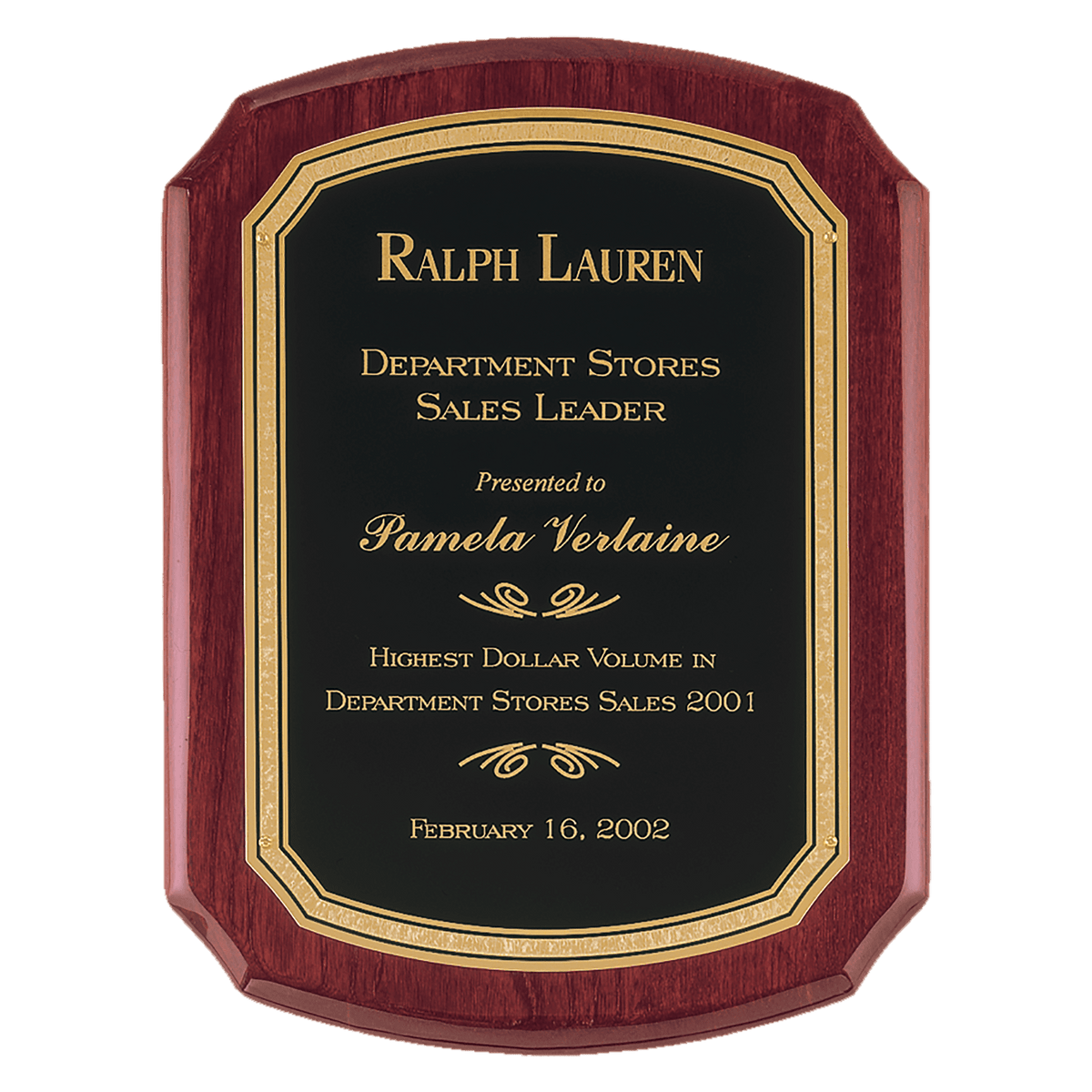 10 1/2" x 13" Rosewood Piano Finish Plaque with Black/Gold Florentine Border LaserFX Plate