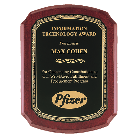 10 1/2" x 13" Rosewood Piano Finish Plaque with Black Florentine Gold LaserFX Plate