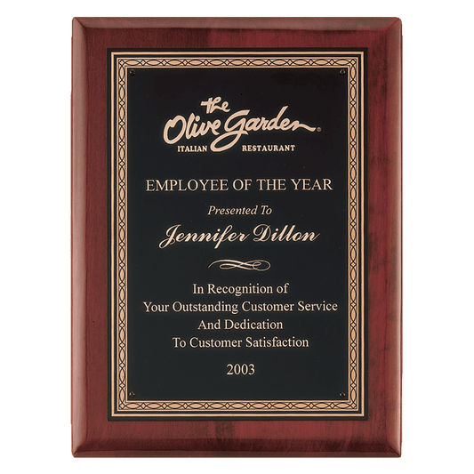 10 1/2" x 13" Premium Rosewood Piano Finish Plaque with Gold Border Black Laserable Brass Plate