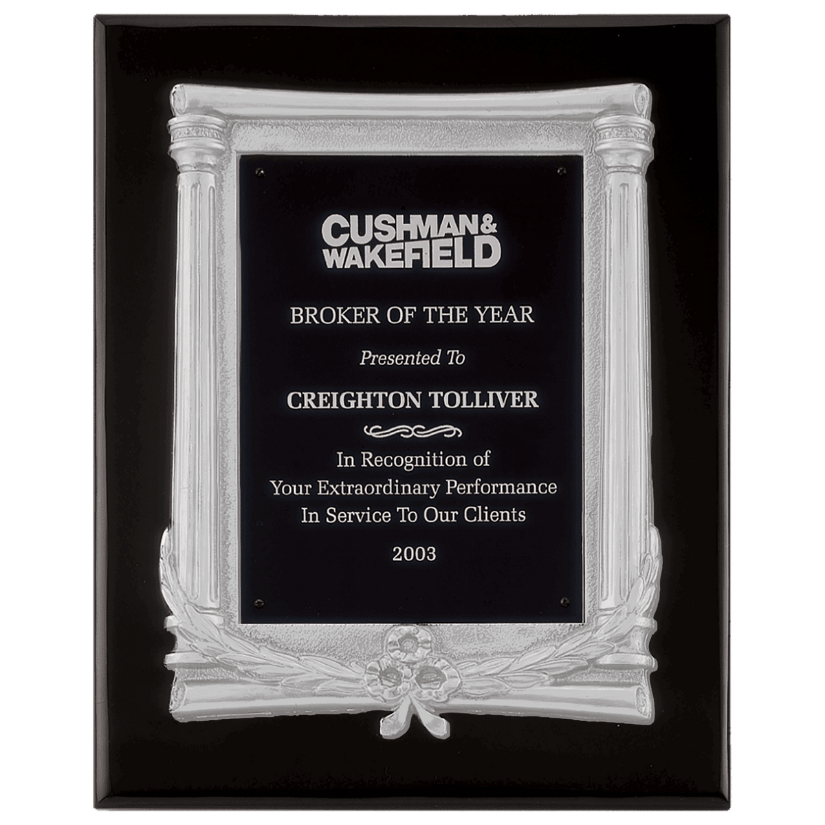 10 1/2" x 13" Black Piano Finish Plaque, Matte Silver Frame Casting & Black Aluminum Plate
