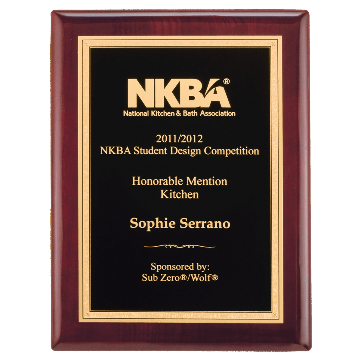 11" x 14" Rosewood Piano Finish Plaque with Textured Black/Gold Florentine Border LaserFX Plate