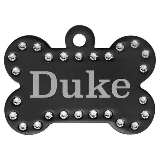 1 1/2" x 1" Engravable Crystal Bling Bone Pet Tag with Tab - Black