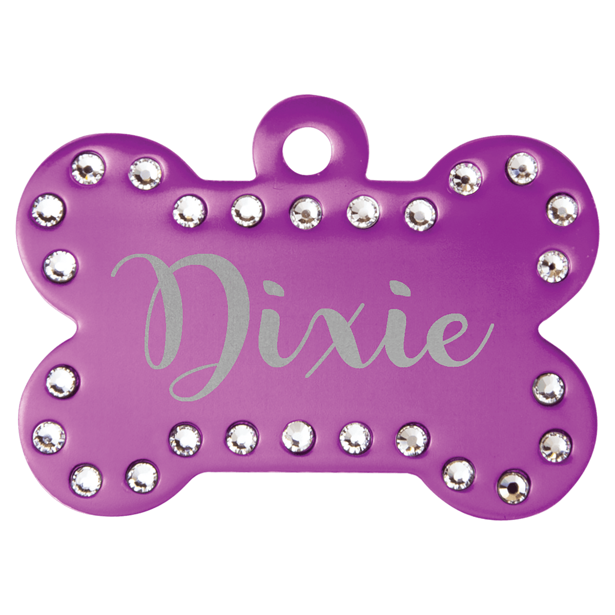 1 1/2" x 1" Engravable Crystal Bling Bone Pet Tag with Tab - Purple