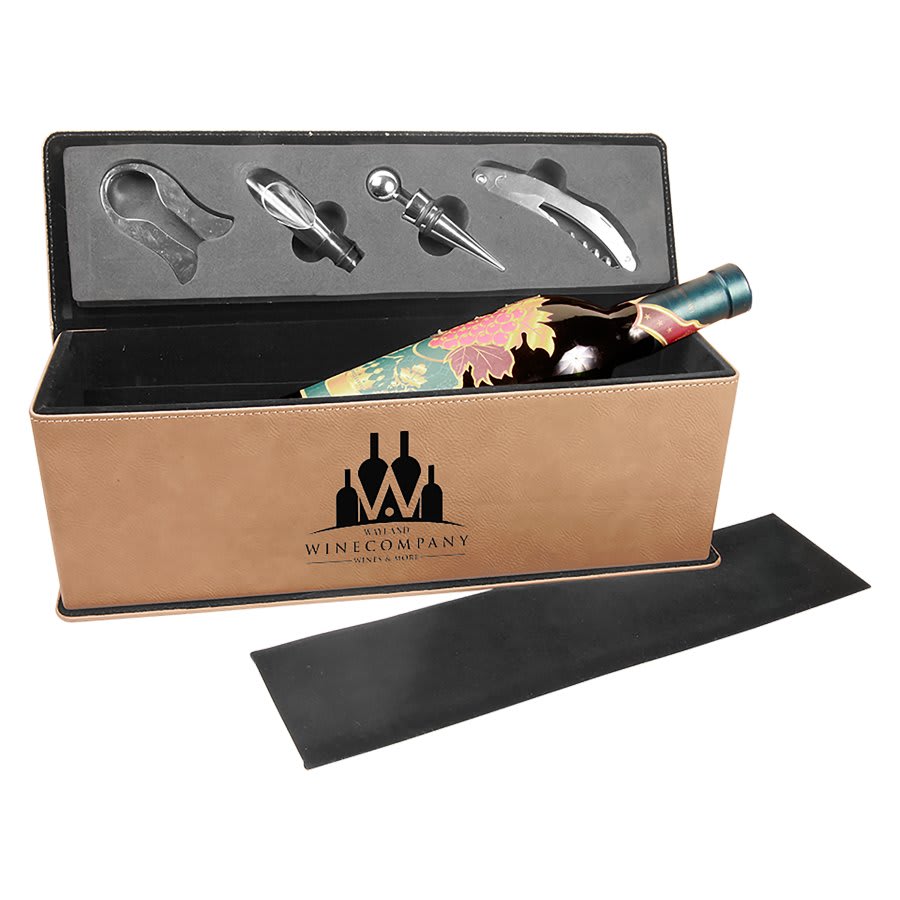 Light Brown Laserable Leatherette Single Wine Box with Tools
