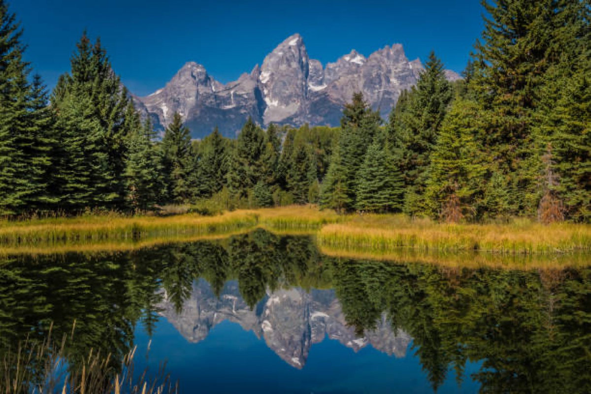 The Teton Range mirrored in a calm mountain lake